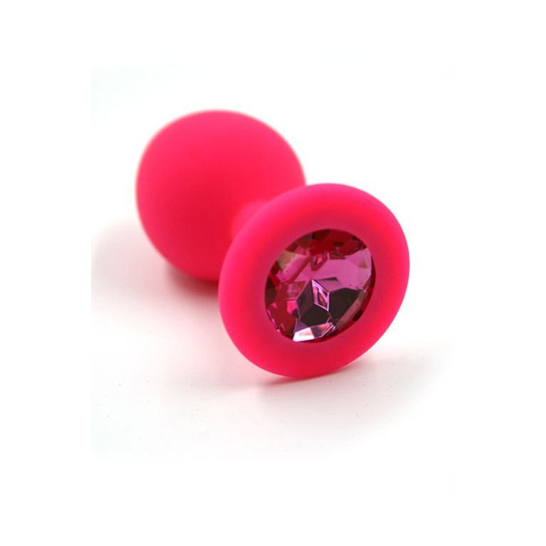 Розовая анальная пробка из силикона с ярко-розовым кристаллом ⟨Medium⟩