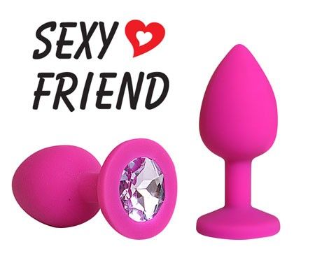 Анальная втулка со стразом Sexy friend фуксия, цвет кристалла светло - фиолетовый, силикон