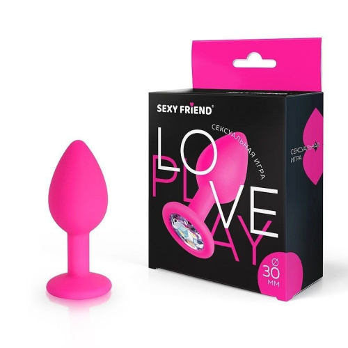 Анальная втулка со стразом Sexy friend фуксия, цвет кристалла бесцветный, силикон, L 73 мм, D 30 мм